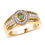 angled view of mint tsavorite garnet and moissanite gents ring in 18k yellow gold over sterling silver