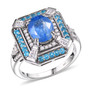 angled view of kyanite neon apatite and zircon ring in rhodium over sterling silver