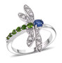 kyanite chrome diopside and zircon dragonfly ring in rhodium over sterling silver