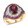 front view of rhodolite garnet and zircon halo ring in 18k yellow gold over sterling silver
