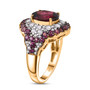 side view of rhodolite garnet and zircon halo ring in 18k yellow gold over sterling silver