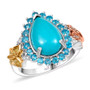 front view of turquoise apatite and multi-color diamond pear halo butterfly ring in tri-tone gold and rhodium over sterling silver