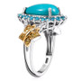 side view of turquoise apatite and multi-color diamond pear halo butterfly ring in tri-tone gold and rhodium over sterling silver