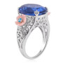 side view of color change fluorite apatite and mother of pearl flower ring in rhodium over sterling silver