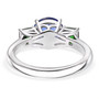 back view of tanzanite and tsavorite three stone ring in platinum