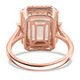 back view of morganite and emerald cut diamond halo ring in 14k rose gold
