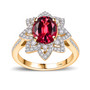 front view of rubellite tourmaline oval and diamond halo ring in 14k yellow gold