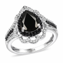 front view of elite shungite pear shaped black spinel and white zircon pear double halo ring in rhodium over sterling silver