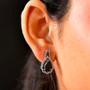 elite shungite black spinel pear double halo drop earrings in rhodium over sterling silver worn on the ear