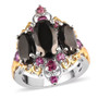 front view of elite shungite and rhodolite garnet three stone ring in two-tone 18k yellow gold and rhodium over sterling silver
