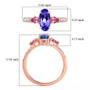 tanzanite pink spinel and moissanite three stone ring in 18k vermeil rose gold over sterling silver scale measurements