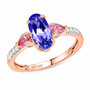 tanzanite pink spinel and moissanite three stone ring in 18k vermeil rose gold over sterling silver front