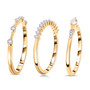 angled view of moissanite stackable three ring set in 10k yellow gold