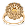 back view of oval heliodor and lab diamond halo ring in yellow gold