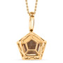 back view of turkizite and diamond pentagon cut halo pendant necklace in 14k yellow gold