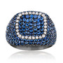 blue sapphire and diamond cluster ring in black rhodium over white gold