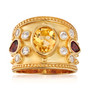front view of citrine rhodolite oval garnet and white topaz ring in 18k yellow gold over sterling silver