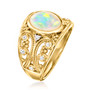 angled view of oval ethiopian opal and white topaz ring in yellow gold over sterling silver