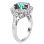 side view of mystic topaz and white zircon round halo ring in rhodium over sterling silver