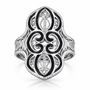 full view of black enamel openwork filigree ring in 18k yellow gold over sterling silver