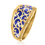 angled view of blue enamel scrollwork band ring in yellow gold over sterling silver