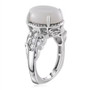 side view of white jade and moissanite euro shank ring in rhodium over sterling silver