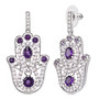 front view of amethyst and zircon hamsa earrings in rhodium over sterling silver