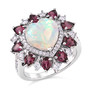 front view of ethiopian opal rhodolite garnet and zircon halo ring in rhodium over sterling silver