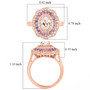 lab created white and purple sapphire halo ring in 18k rose gold over sterling silver shown for size comparison