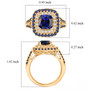 lab created blue and white sapphire halo ring showing size measurement