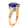 side view of lab created blue sapphire and white sapphire three stone ring in 18k yellow gold over sterling silver