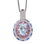 front view of aquamarine multi gemstone halo pendant necklace in rhodium over sterling silver