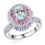 front view of aquamarine multi gemstone halo ring in rhodium over sterling silver