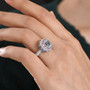 aquamarine pink sapphire and blue sapphire halo ring worn on hand in rhodium over sterling silver