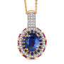 front view of kyanite multi gemstone halo pendant necklace in 18k yellow gold over sterling silver