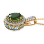 side view of chrome diopside multi gemstone halo pendant necklace in 18k yellow gold over sterling silver