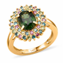 green sapphire and multi color lab grown diamond double halo ring in 14k yellow gold front