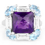 front view of amethyst white topaz and swiss blue topaz ring in rhodium over sterling silver