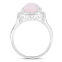 side view of checkerboard faceted rose quartz solitiare ring in rhodium over sterling silver
