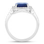 side view of blue sapphire and white diamond halo ring in 18k white gold