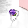 close up of pear amethyst multi gemstone halo ring in rhodium over sterling silver