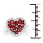 garnet heart cluster ring in rhodium over sterling silver shown for size comparison