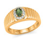 front view of green sapphire and moissanite halo gents ring in 18k yellow gold over sterling silver