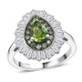 front view of green sapphire and moissanite pear double halo ring in rhodium over sterling silver