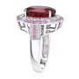 side view of ruby (ff) pink sapphire and zircon double halo ring in rhodium over sterling silver