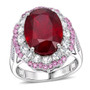 front view of ruby (ff) pink sapphire and zircon double halo ring in rhodium over sterling silver