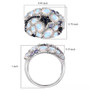 rainbow moonstone and multi gem shooting star cluster ring in rhodium over sterling silver shown for size comparison