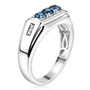 side view of montana sapphire and white zircon trilogy gents ring in rhodium over sterling silver