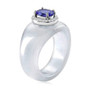 side view of tanzanite and moissanite halo rhodium over sterling silver carved white jade ring