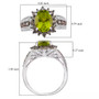 peridot green sapphire and white zircon halo ring in two tone rhodium over sterling silver scale measurements
